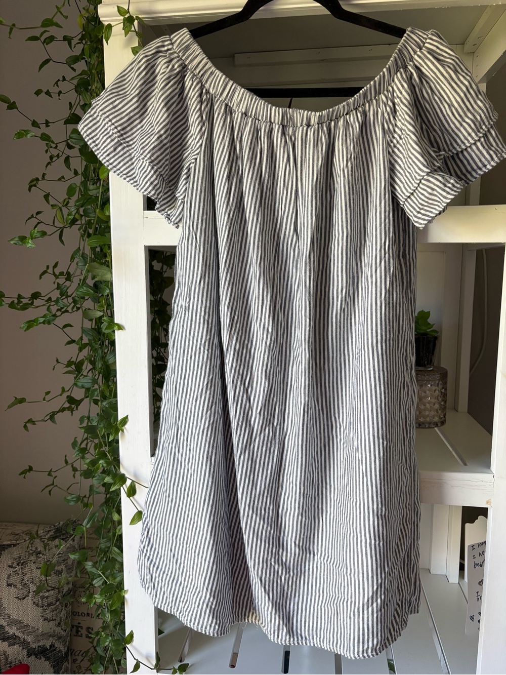Old Navy Striped Off-Shoulder Dress - Gray and White
